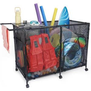 152Gal Pool Float Storage, Tabletop, Towel Bar, Zipper Doors, Lock Wheels