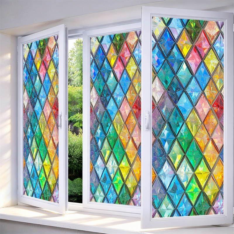 IVN Window Privacy Film Mosaic Diamond Stained Glass Window Film Decorative Static Cling Non Adhesive Removable Reusable Window Cling for Bathroom Shower Windows Anti Glare UV Blocking 17.7x39.3 Inch (Pastel Diamond Grid)