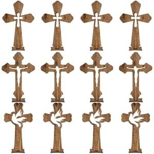 Kathfly 24 Pcs Easter Wooden Crosses for Craft Small Baptism Decor Catholic Rustic Unfinished Standing Cross for Centerpieces Easter Decor Table First Communion, 3 Styles, 6.7 x 4.3 Inches(Dark Brown)