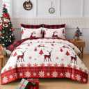 Christmas Comforter Set Queen Size 7 Pieces, Red Reindeer Snowflake Bed in A Bag, Reversible Red and Black Check Comforter with Sheet Set, Soft Polyester Bedding Set