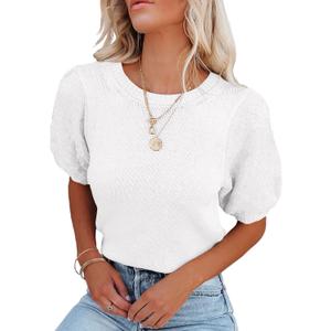 Womens Short Sleeve Sweaters Crewneck Knit Pullover Tops 2025 Summer Casual Lightweight Crochet Blouse Shirt (2-white, Medium)