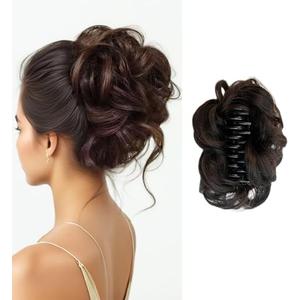 Curly Wavy Messy Bun Hair piece Easy Updo Extensions Claw Clips for Women Girls Dark Brown, Natural Fake Wig Tie Headpiece Chestnut Chocolate
