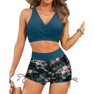 Aqua Eve Bikini with Shorts for Women - Two Piece Swimsuit with Boyshorts 2PC High Waisted Bathing Suits Swimwear M