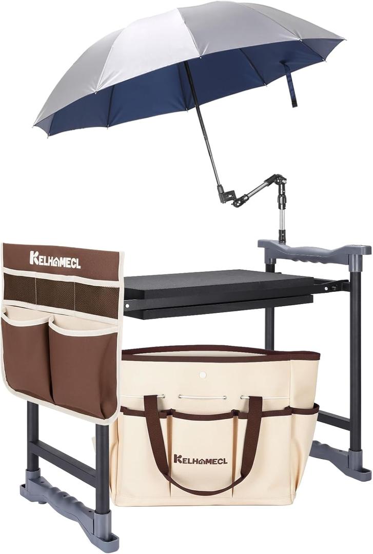 Garden Kneeler and Seat with Umbrella, 2-in-1 Foldable Gardening Stool with Adjustable Bracket, Detachable Tool Bags, Heavy Duty Kneeling Pad for Gardening (Brown)