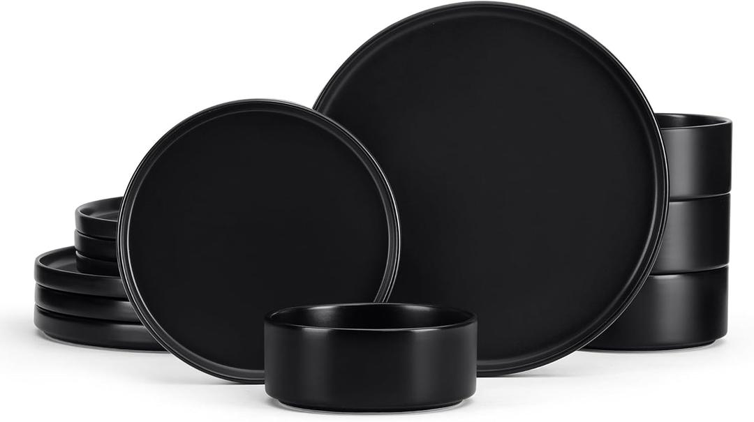 E-far Stoneware Dinnerware Sets, 12-Piece Plates and Bowls Dish Set for 4, Kitchen Modern Dining Ware, Chip and Scratch Resistant, Microwave & Dishwasher Safe, Matte Black