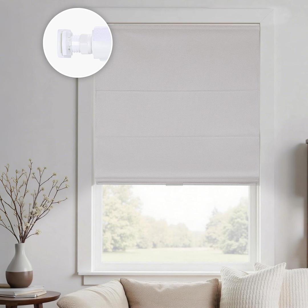 HOMEDEMO No Drill No Tools Cordless Roman Shades for Window,Room Darkening Easy Install Linen Fabric Blackout Roll Up Roman Blinds Window Blinds Inside Mount 29" W x 64" H Off-White