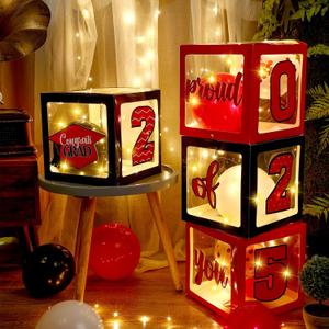 Jerify Graduation Box Decorations with Balloon and LED Light Strings Congrats 2025 Grad Party Supplies Proud of You Balloon Boxes for Class of 2025 School College Party Decor(Red)