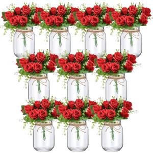 XunYee 10 Set Mason Jar Table Centerpiece with Flower Mason Jar Flower Centerpiece Vases Decor for Engagement Party Bridal Shower Centerpieces Wedding Reception Table Decor(Red Rose)