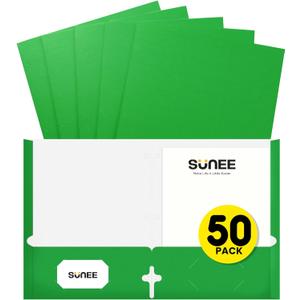 SUNEE Folders with Pockets 3 Hole Punched(50 Pack, Green), 2 Pocket Folders Fit Letter Size Paper, Paper File Folder for School Office Home Business