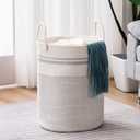 Woven Rope Laundry Hamper Basket, 58L Tall Luandry Basket, Baby Nursery Hamper for Blanket Storage, Clothes Hamper for Laundry in Bedroom-Large-Stripe White