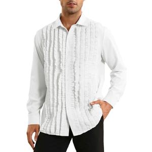 Bbalizko Mens Ruffle Tuxedo Shirt 80s Prom Ruffled Button Down Frill Pleated Ruche Long Sleeve Shirts Top (White, L)