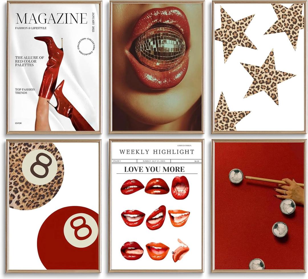 6Pcs Red 8 Ball Leopard Wall Art Y2k Vintage Trendy Boots Wall Decor Pictures Preppy Disco Ball Canvas Poster Prints for Girls Bedroom Dorm Apartment Decorations,Unframed 8x10in