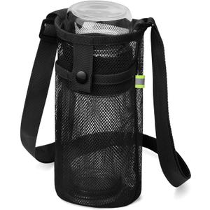 BINSUNS Water Bottle Bag with Strap, Mesh Water Bottle Holder Crossbody Bottle Sling Bag Adjustable Shoulder Strap and Pocket - Carrier for Walking Sports Hiking Camping (Black) (Small)
