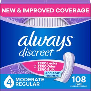 Always Discreet Adult Incontinence Pads for Women, Drier, 4 Drop Regular Length, Moderate Absorbency, Pads for Bladder Control Management, Bladder Leaks, & Postpartum Pads, 108ct