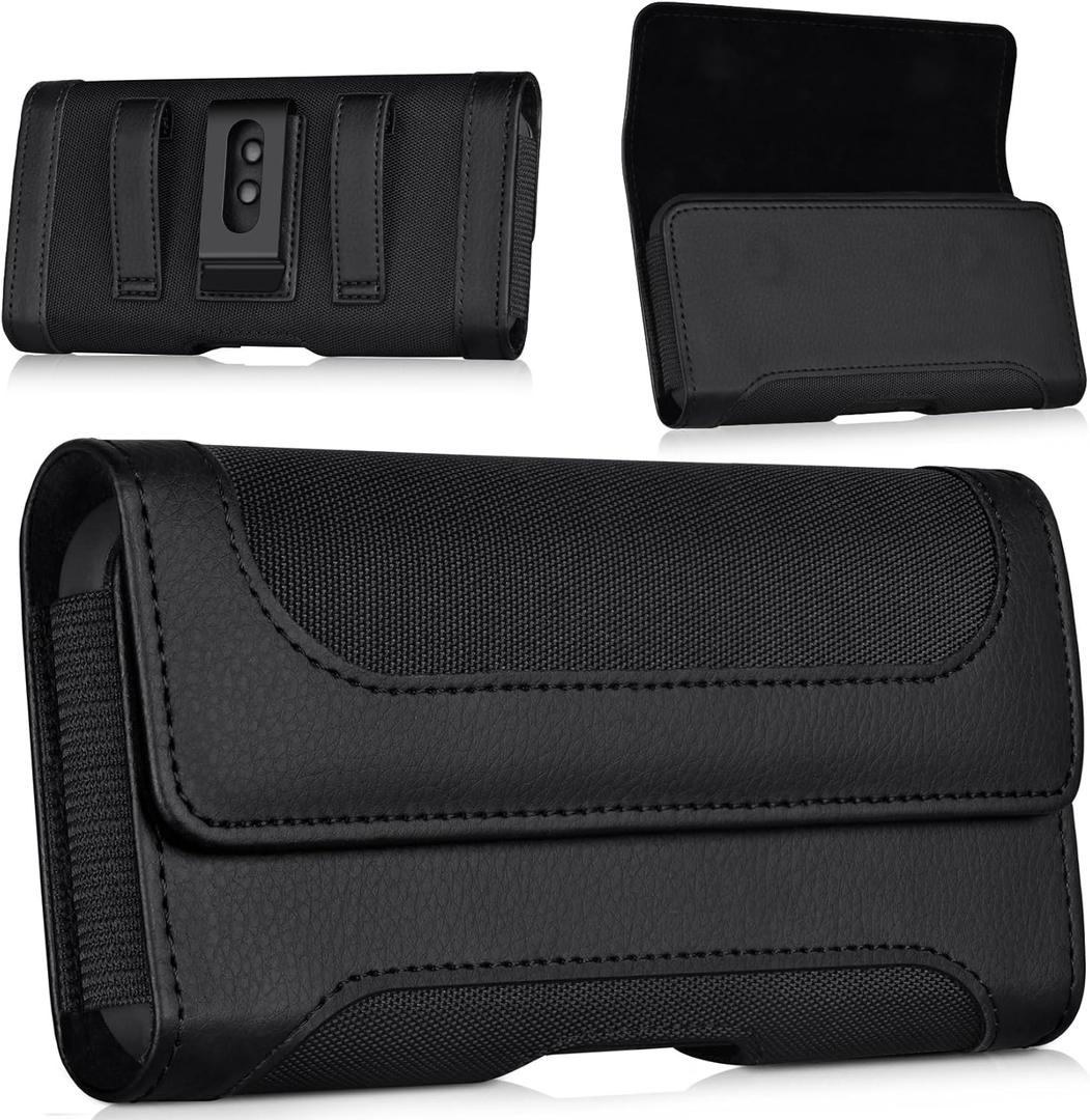 Phone Holster with Belt Clip Strong Magnetic Closure Nylon & Leather for iPhone Pro Max, Plus 17 16 15 14 13 12 16e, Samsung Galaxy Plus, FE S25 S24 S23 S22, L-Black