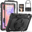 SEYMAC Case for Samsung Galaxy Tab S10 Lite/ S10 FE/ S9 FE/ S9 5G (10.9''/11''), Heavy Duty Shockproof Protective Case with Screen Protector, Rotating Stand, Hand Strap and Pen Holder, Black