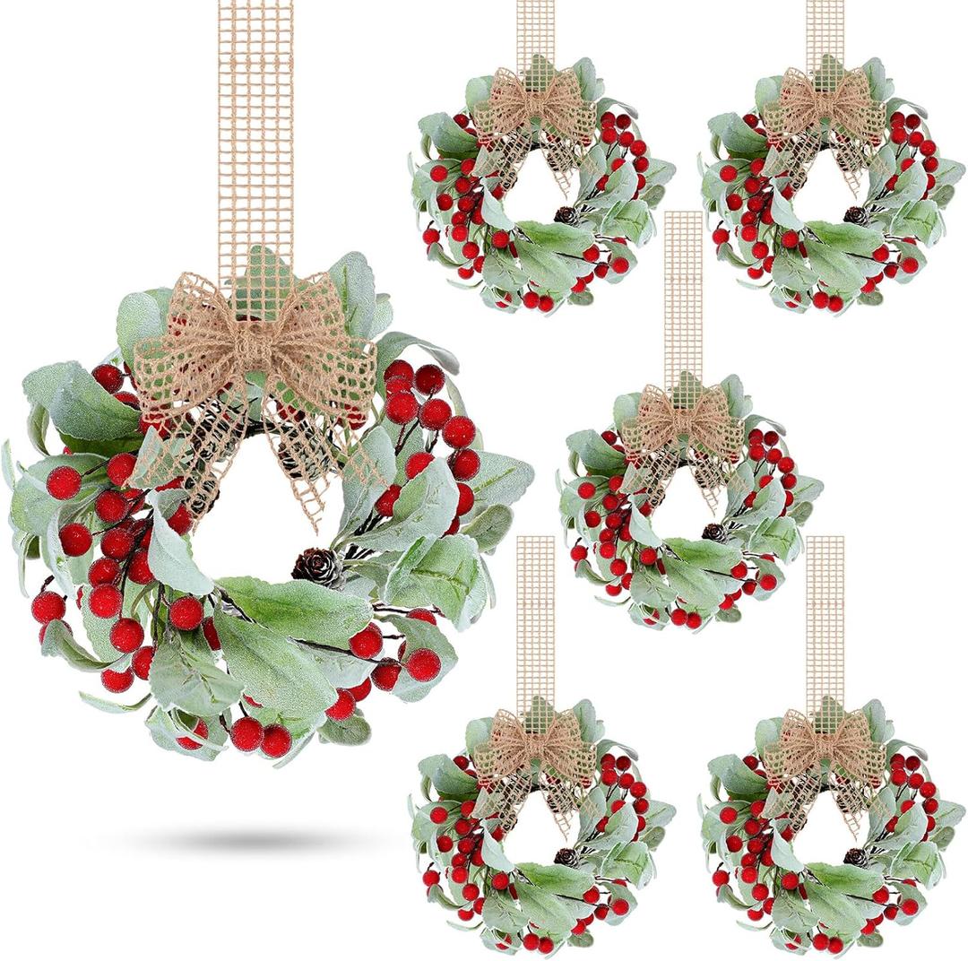 Zeyune 6 Set 9'' Small Wreaths for Kitchen Cabinets Mini Christmas Wreaths Real Touch Lamb Ear with Burlap Ribbon Red Berry Farmhouse for Xmas Wall Window Indoor Outdoor Chair Fireplace Decor