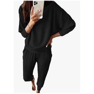 PRETTYGARDEN Women's Spring Fall Fashion Outfits 2 Piece Sweatsuit Long Sleeve Pullover Long Pants Ribbed Matching Lounge Set Size XXL Black