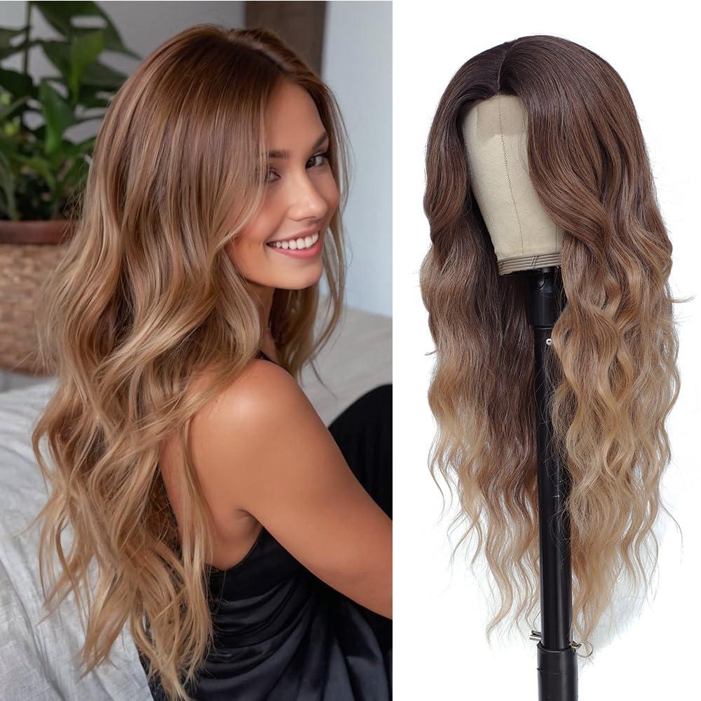 Long Brown Balayage Blonde Wigs for Women 26inch Wavy Curly Wig Natural Looking Middle Part Synthetic Heat Resistant Hair Replacement Wigs for Daily (R4/33/27)