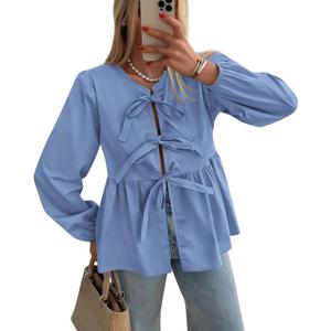 PRETTYGARDEN Women's Spring Fall Babydoll Peplum Blouse Shirt Puff Long Sleeve Bow Tie Front Trendy Cute Y2K Going Out Tops (S)