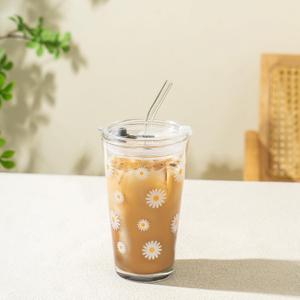 15oz Glass Tumbler with Glass Straw and Lid, Cute Iced Coffee Cups, Aesthetic Glass Cups, Coffee Tumbler, Water Cup, Matcha Cup, Drinking Glasses (Daisy)