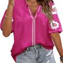 HVEPUO Summer Puff Short Sleeve Shirts for Women V Neck Boho Vacation Floral Embroidered Blouses Casual Cute Going Out Tops M