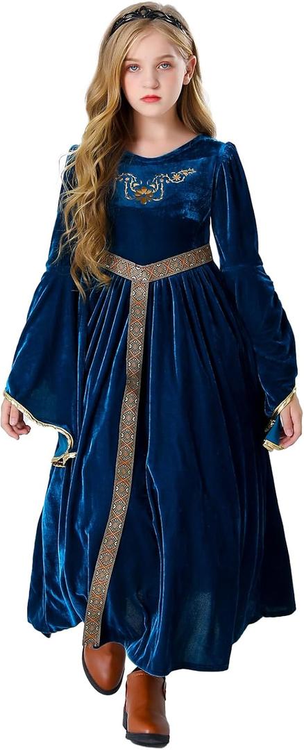 Renaissance Faire Dress Girls Medieval Victorian Princess Queen Fancy Costume Outfit Robe Dress Up Kids (Small, Blue)