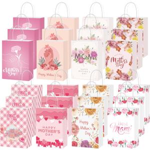 48PCS Happy Mother's Day Gift Bags Thick with Handle Pink Floral Paper Goodie Bag Assorted Designs Bulk for Party Decorations Gifts Wrapping Supplies Mothers Theme Party Favors Treat Gift Wrap