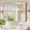Brushed Gold Bathroom Mirror 24x32 inch, Rounded Rectangle Gold Metal Framed Vanity Wall Mirror, HD Tempered Glass, Horizontal or Vertical Hanging