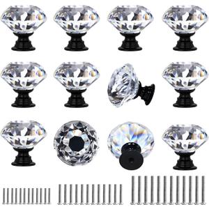 DEELF 12 Packs Crystal Cabinet Knobs Drawer Pulls and Knobs Kitchen Cabinet Knobs Diamond Dresser Knobs Crystal Knobs for Drawers - 40 mm Clear Glass Cabinet Knobs with Black Base