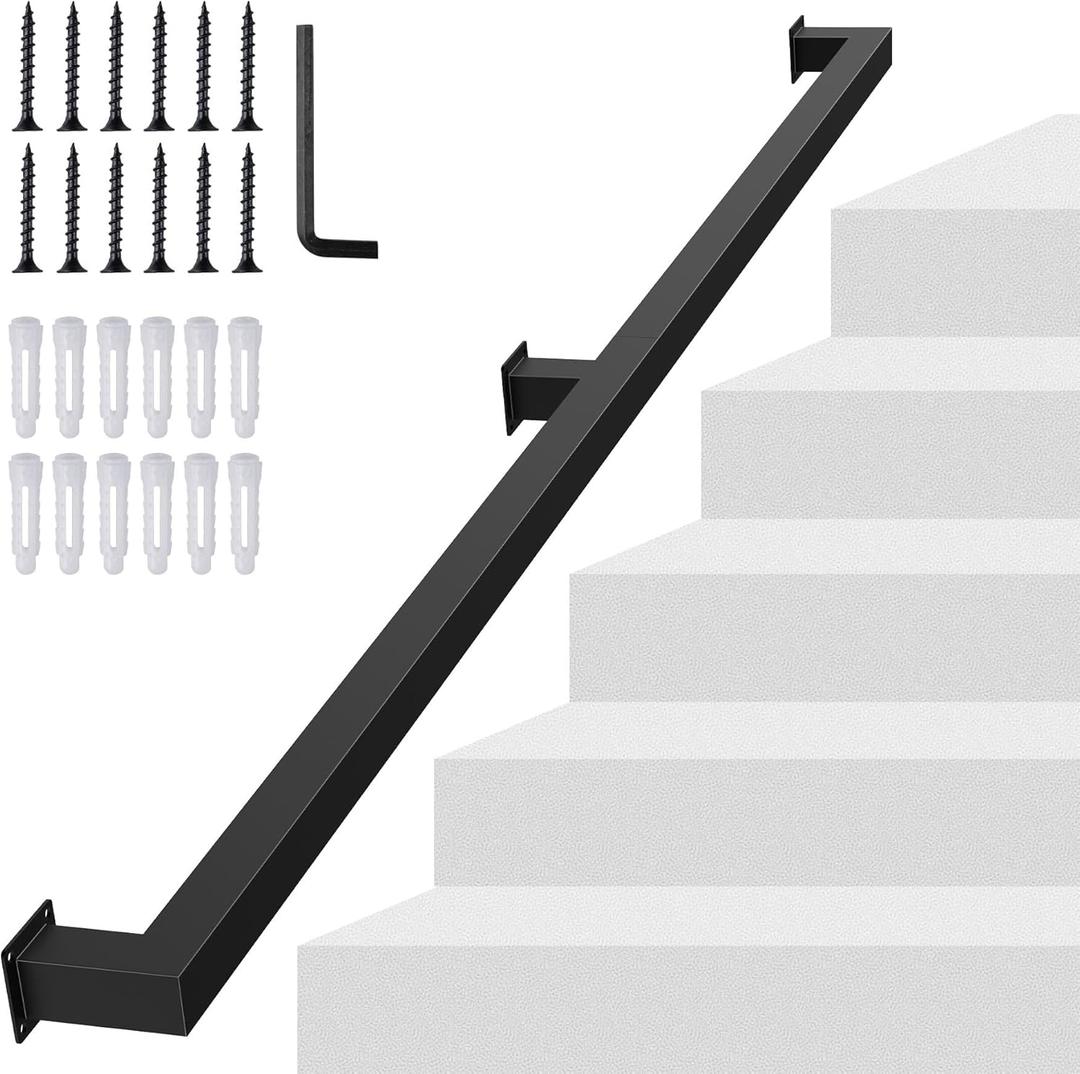 6FT Square Tube Handrail for Indoor Stair,Matte Black Industrial Metal Stair Rail,500LBS Load Capcity Wall Mount Stair Hand Rail for Child,Seniors,Pregnant,Non-Slip Outdoor Iron Stair Rail,2 Section