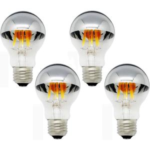 Edearkar A19 Half Chrome Light Bulb 6W Dimmable, E26 Base Daylight White 6000K 60W Equivalent 600lm Decorative Silver Mirror LED Edison Bulb for Indoor Living Room, AC110V, E26 Base, Pack of 4