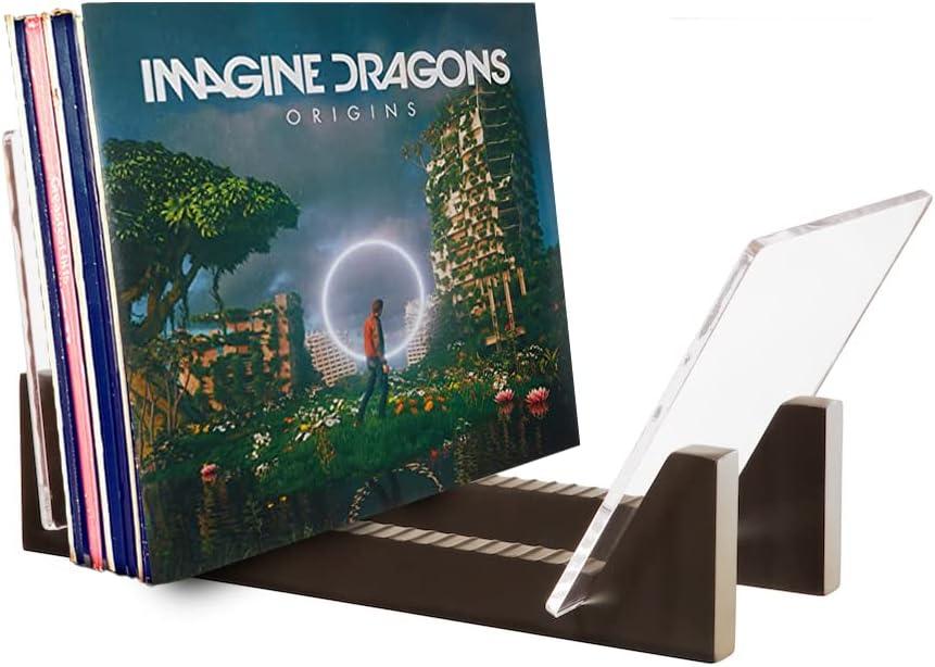 KAIU Vinyl Record Storage - Solid Wood with Crystal Clear Acrylic Holder - Premium Design, Perfect 12" LPs or 7" Singles Display Unit - Stores and Supports up to 50 Albums (Modern Black)