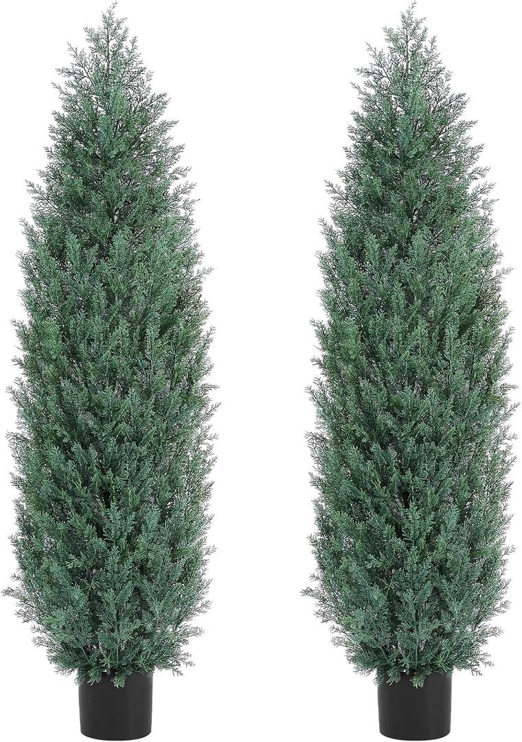 5Ft Artificial Cypress Trees (Set of 2) Outdoor Indoor, Realistic Faux Potted Cedar Trees with UV Protection, FakeTopiary Trees for Entryway Office Home Decor