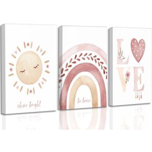 3 Pcs Nursery Canvas Wall Art Pink Sun Rainbow Hearts Posters Prints Boho Kids Room Pictures Wall Decor for Toddlers Children Baby Girl Bedroom Home Decoration, 16x24in-Canvas
