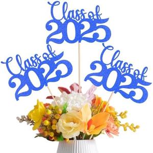Pack of 2, Cyunda Graduation Decorations 2025, Graduation Cake Topper and 16 PCS Class of 2025 Blue Glitter Double-Sided Table Centerpieces with Sticks, Grad Party Supplies, Glitter Table Toppers
