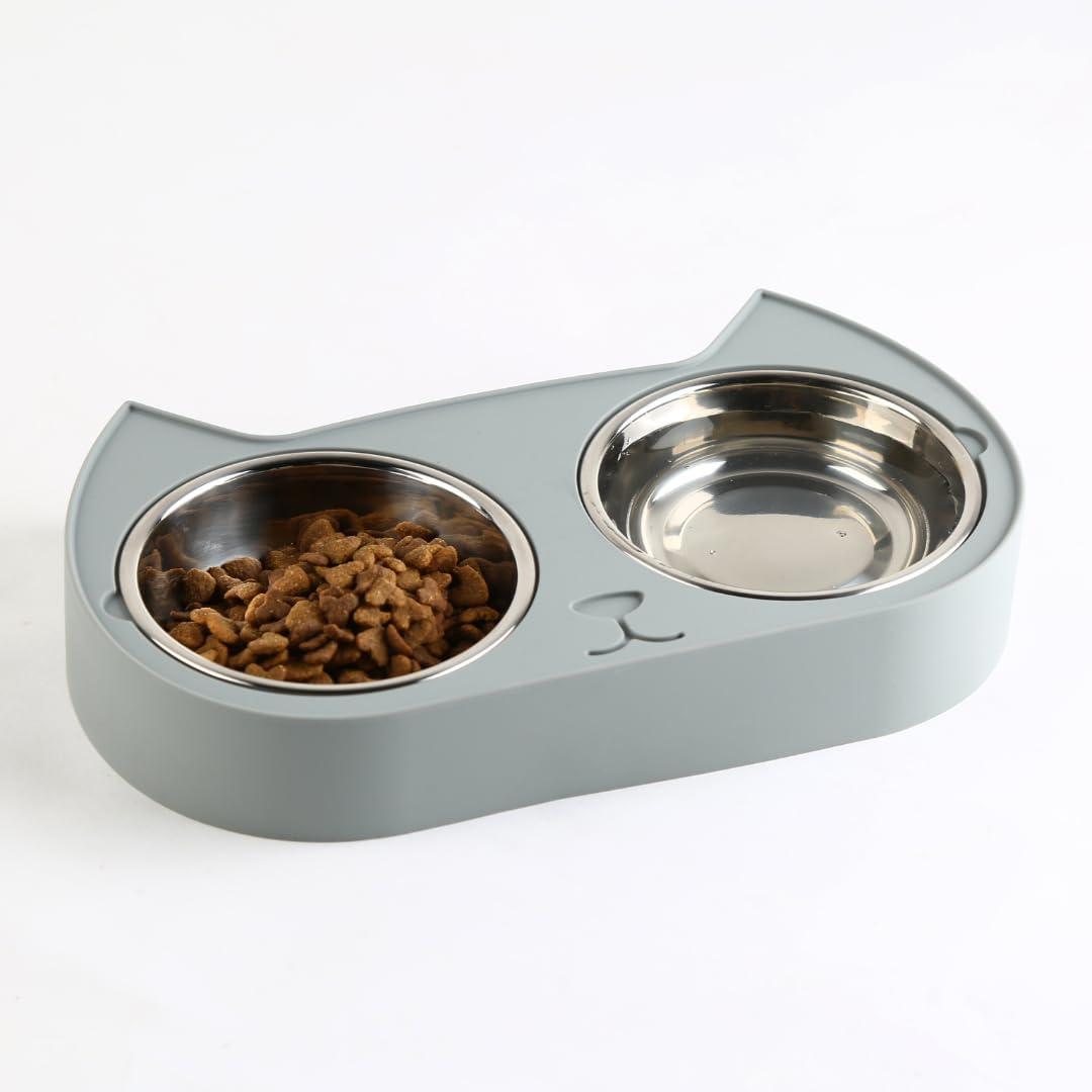7 Ruby Road Cute Cat Bowls for Indoor Cats and Kitty, Double Cat Food Water Bowl Set with 2 Stainless Steel Pet Dishes and Grey Silicone Feeding Station, 350ml Kitten Bowls for Wet & Dry Food