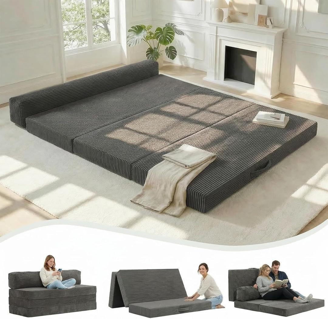 6 inch Tri-Folding Mattress Queen Futon Sofa Bed, Convertible Foldable Mattress Foldable with Removable Cushions & Washable Cover, Floor Mattress Small Couch Bed Living Room, Queen, Grey