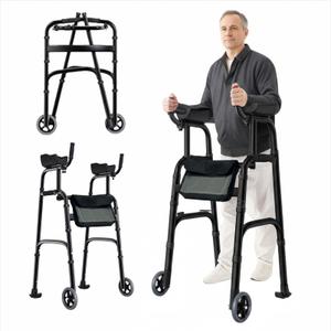 Folding Walker with Armrest Pad Upright Walker for Seniors, Standing Mobility Aid for Indoor & Outdoor, 300lb Weight Capacity, Height Adjustable (Black)