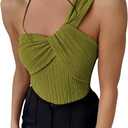 OYOANGLE Women's Textured One Shoulder Going Out Bodysuit Tops Twist Front Ruched Sleeveless Tank Top Body Suits, Medium