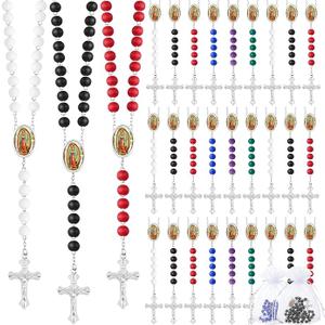 Wooden Bead Rosary Necklace with Crucifix and Our Lady of Guadalupe Scented First Communion Rosary with 36 Organza Bags Baptism Favors Catholic Gift for Men Women
