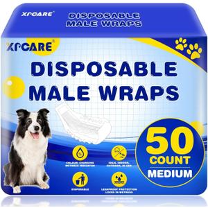 XPCARE 50 Count Disposable Male Dog Diapers, Male Dog Wraps, Super Absorbent Leak Proof Fit (Medium)