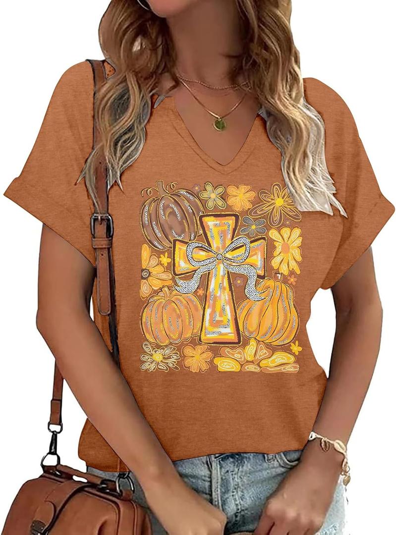 Fall Pumpkin Shirts for Women: Cute Pumpkin V Neck Shirt Thanksgiving Graphic Tees Halloween Pumpkin Tops (S)