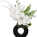 Briful Orchid Fake Flowers 16.1'' White Artificial Orchid Silk Flowers in Black Pot Faux Orchid Arrangement for Home Office Desk Modern Decoration