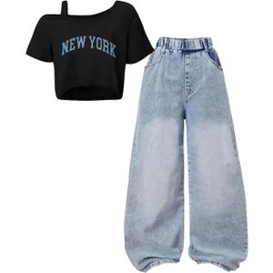 OYOANGLE Girl's 2 Pieces Outfits Y2K Letter Print Top Shirts and Denim Loose Long Pants Jeans Sets Blue and Black 12Y