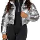 COZYPOIN Women's Metallic Shiny Cropped Puffer Jacket Long Sleeve y2k Zip Up Padded Down Short Coat Outerwear Small
