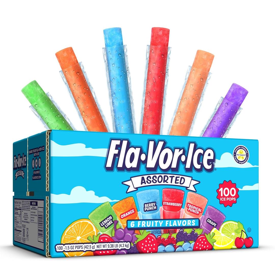 Fla-Vor-Ice Popsicle Variety Pack of 1.5 Oz Freezer Bars, Assorted Flavors, 100 Count (EXP 02/29/28)