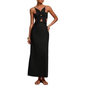 SHENHE Women's Petal Backless Linen Maxi Dress Cut Out Vacation Zipper Long Dresses (Black, XL)