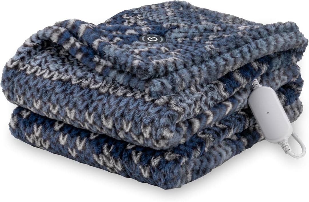 Berkshire Blanket Heated Throw Blanket, Grace Fur to Loftmink Reversible Electric Throw with 4 Heat Levels, Fast Heating Printed Throw for Couch and Bed, Auto Shut-Off Feature (50"x60") (Elijah Fair Isle Extra Large Blue)