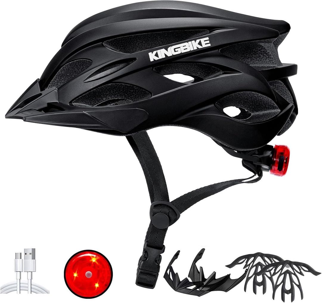 KINGBIKE Bike Helmet for Adult Men Women Youth Road Commute Mountain Cycling Helmets with USB Rechargeable Light Replaceable Padding and Visors Lightweight 20.4-23.6in (Black, Large)